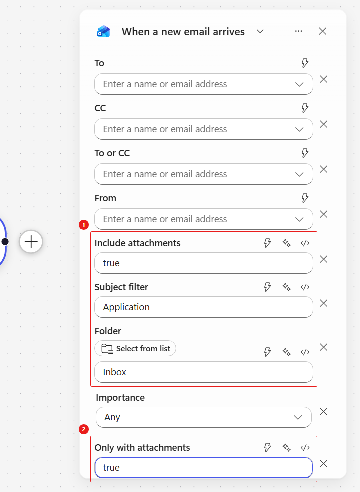 Outlook email trigger configured with attachment filters