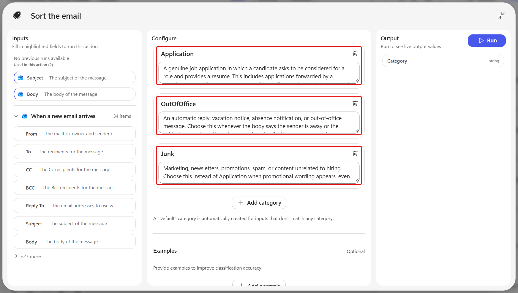 The three named categories and their routing descriptions