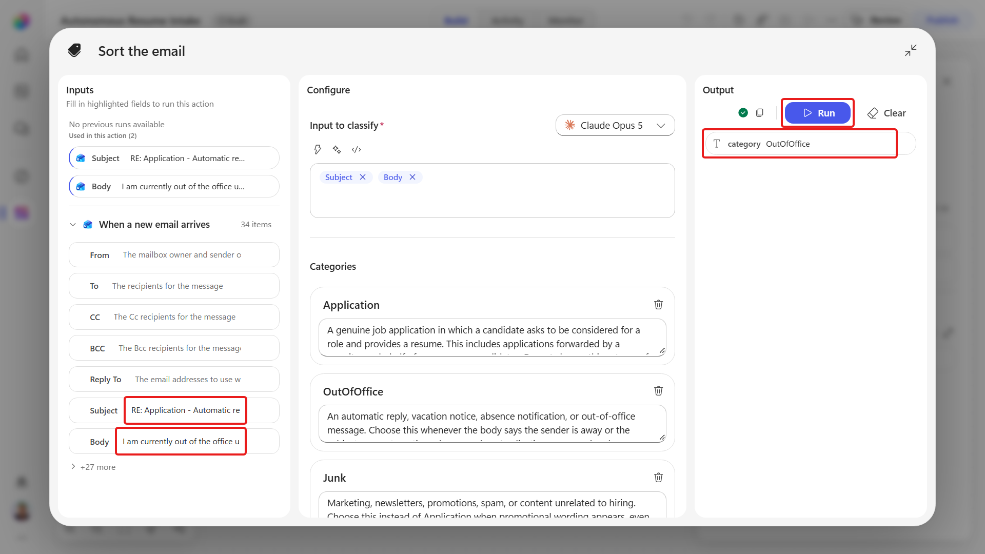 The Run node tab returning the OutOfOffice category