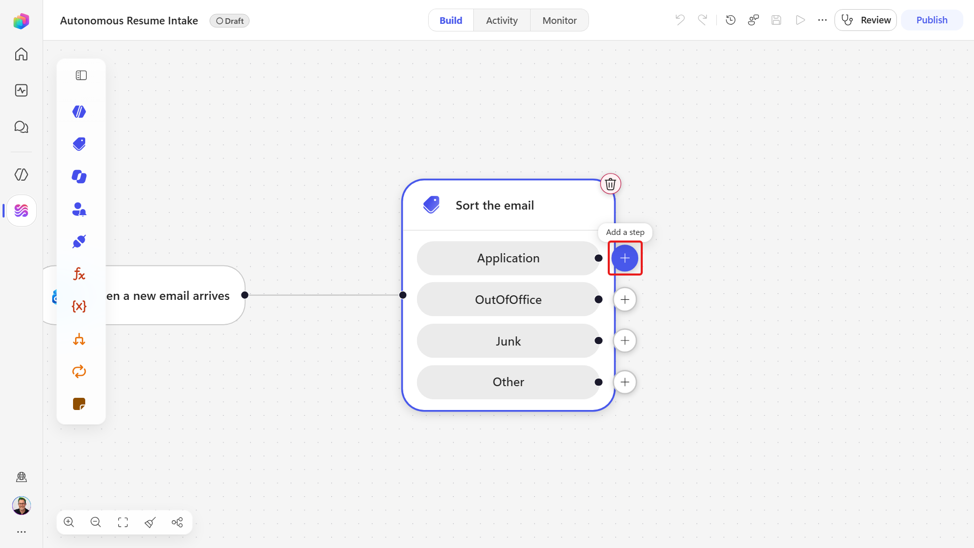 Add a step control on the Application branch