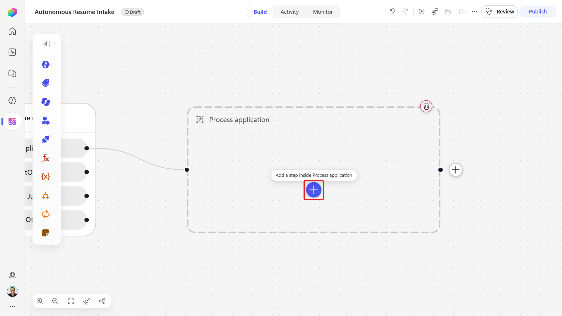 Add a step inside control on the Process application scope