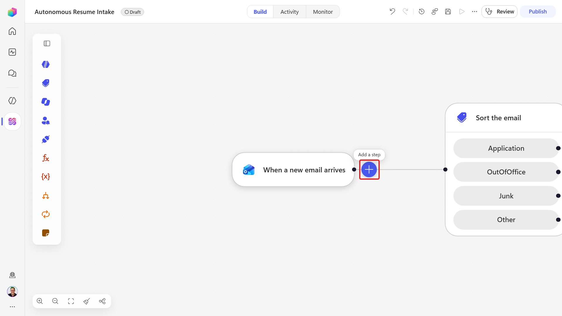 The add step control immediately after the email trigger