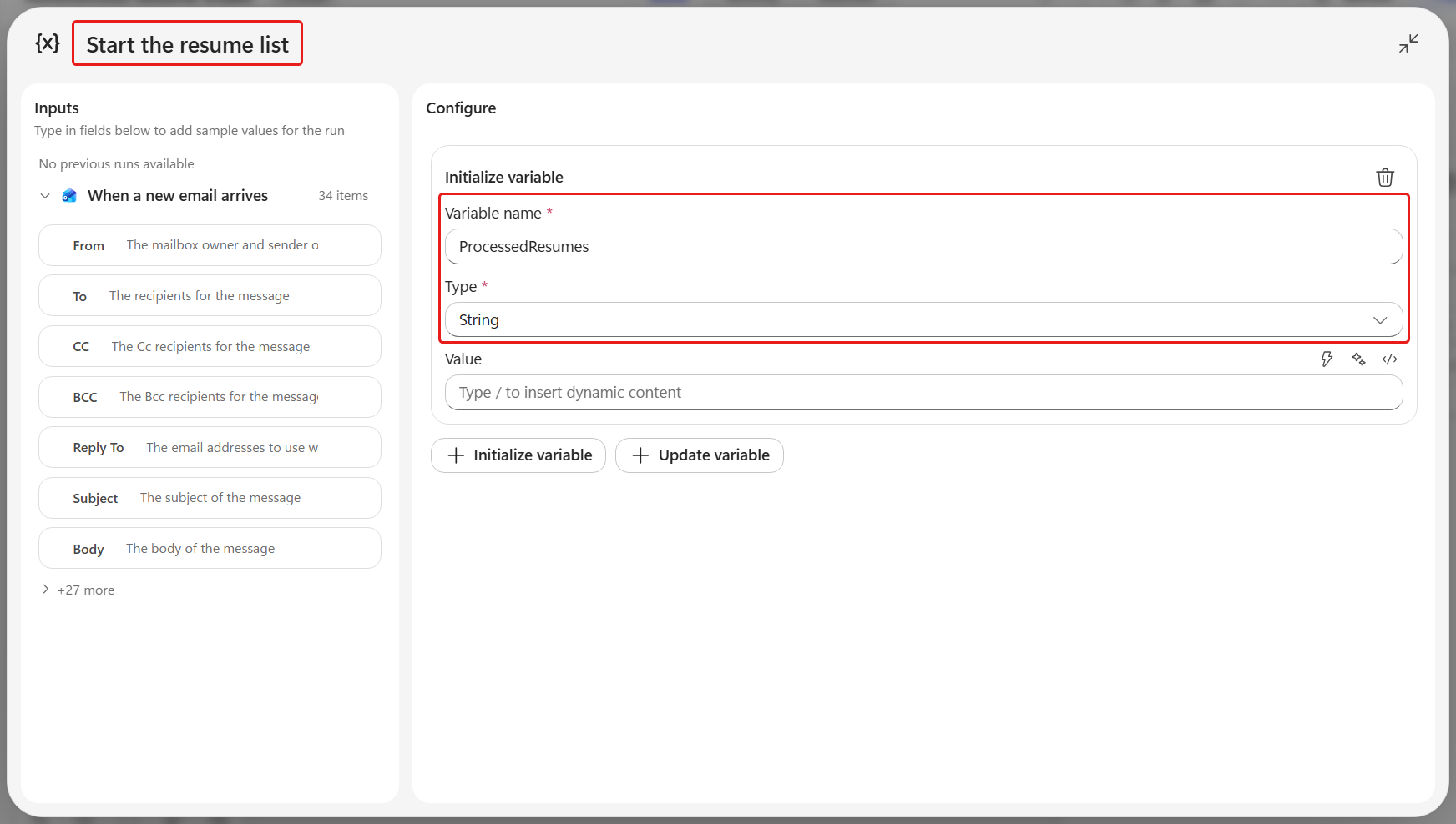 The ProcessedResumes string variable initialized before classification