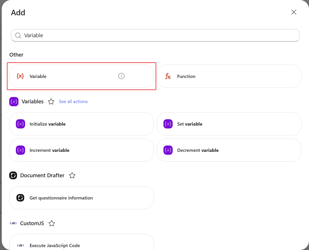Add dialog search results for the Variable node