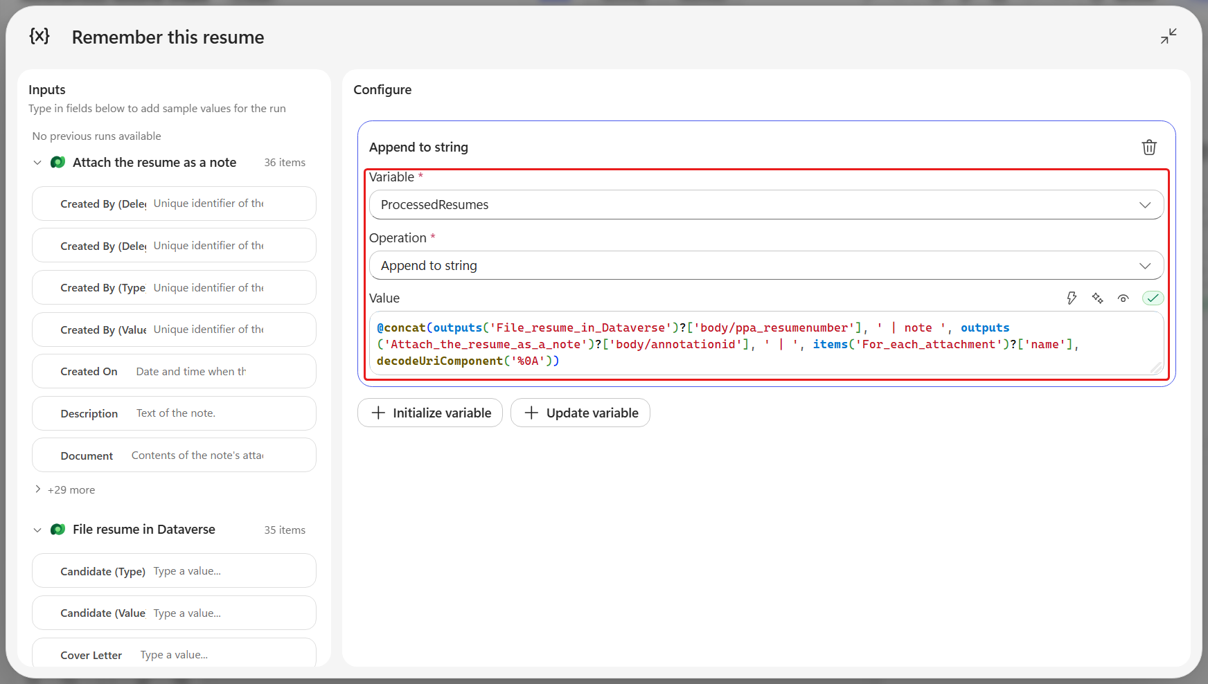 The accumulator node appending each resume to the list