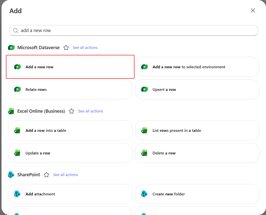 Add dialog search results for add a new row