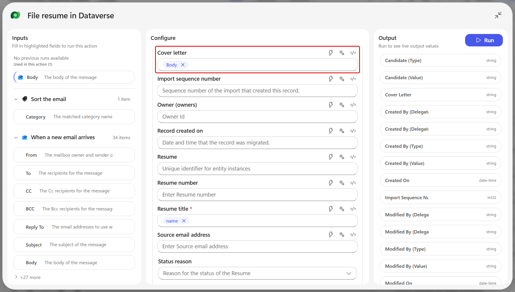 Cover Letter mapped to the email body token