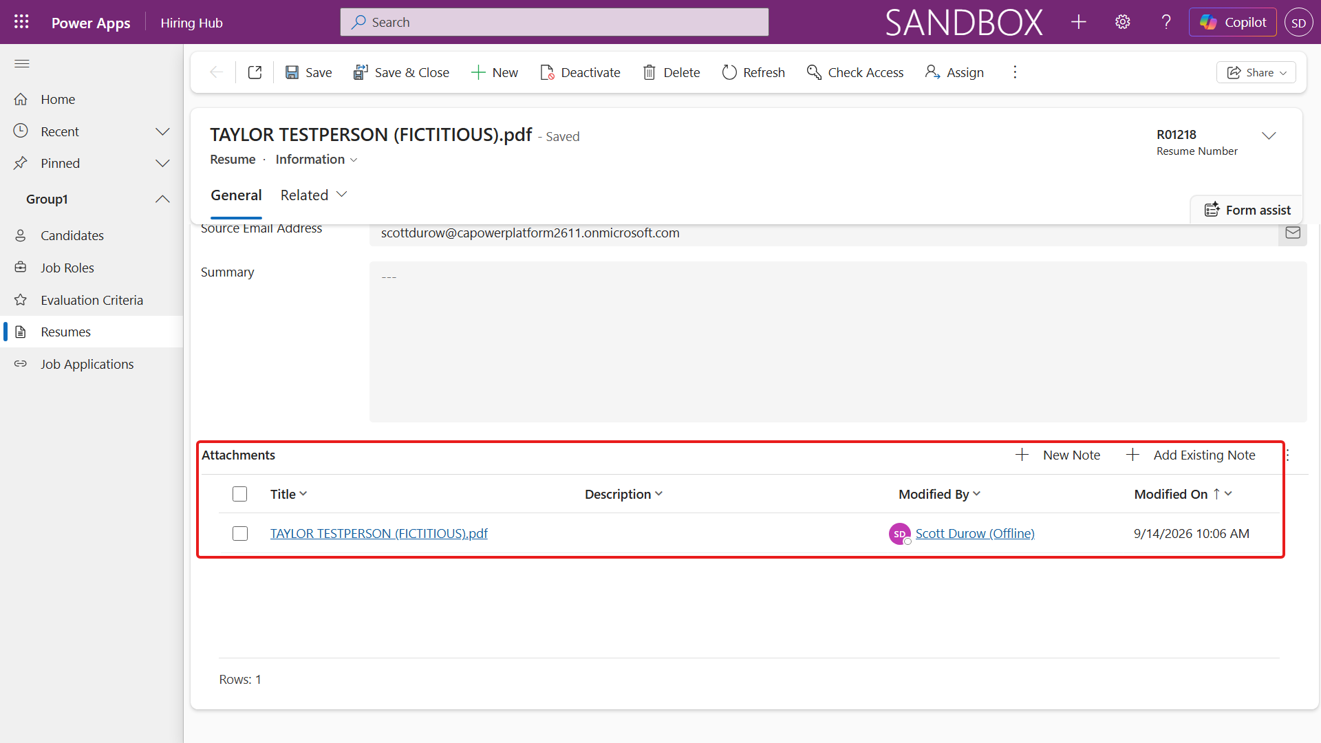 Resume PDF listed in the Attachments subgrid