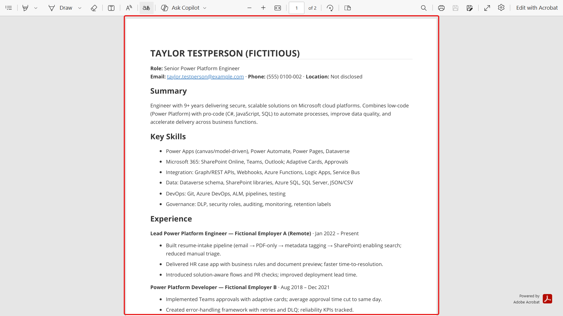 The stored resume PDF open in the document viewer