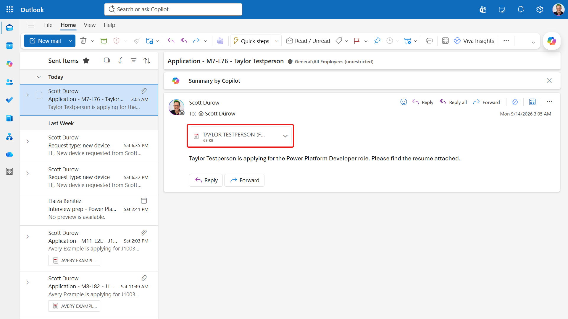An application email with a resume PDF attached