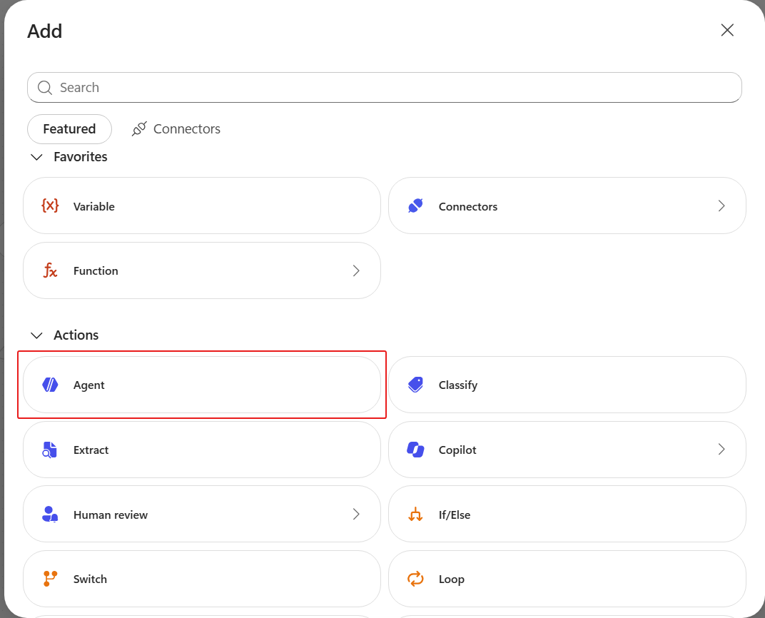 Add panel with Agent at the top