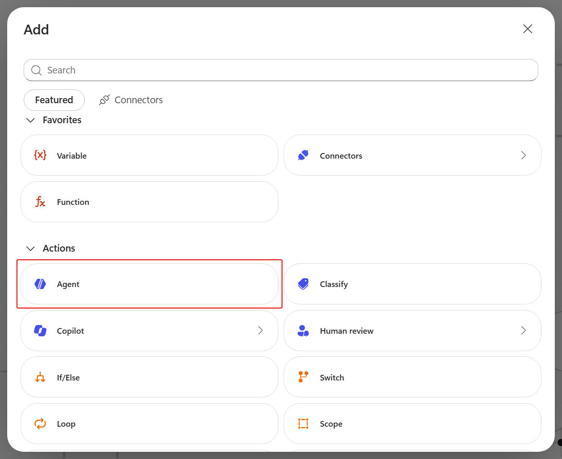 Add panel with Agent at the top