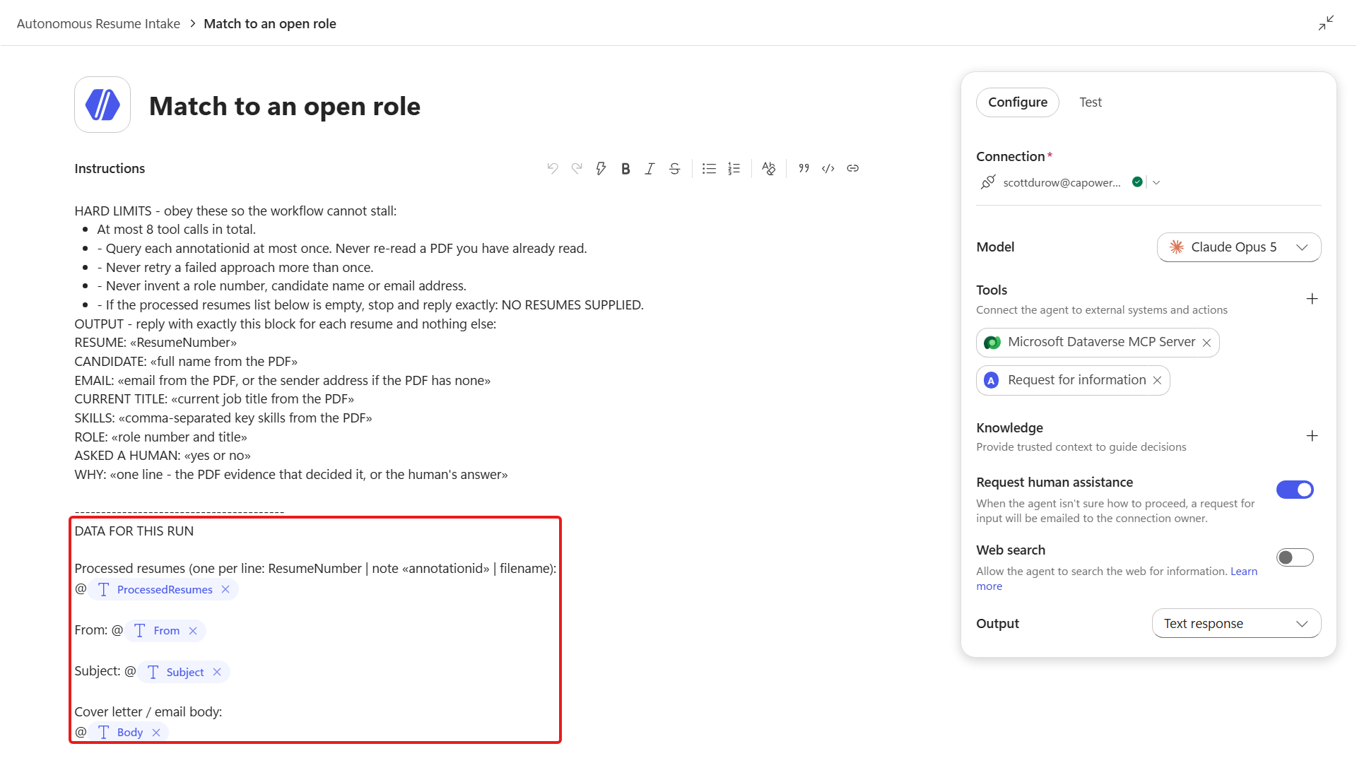 Agent instructions ending in the DATA FOR THIS RUN block