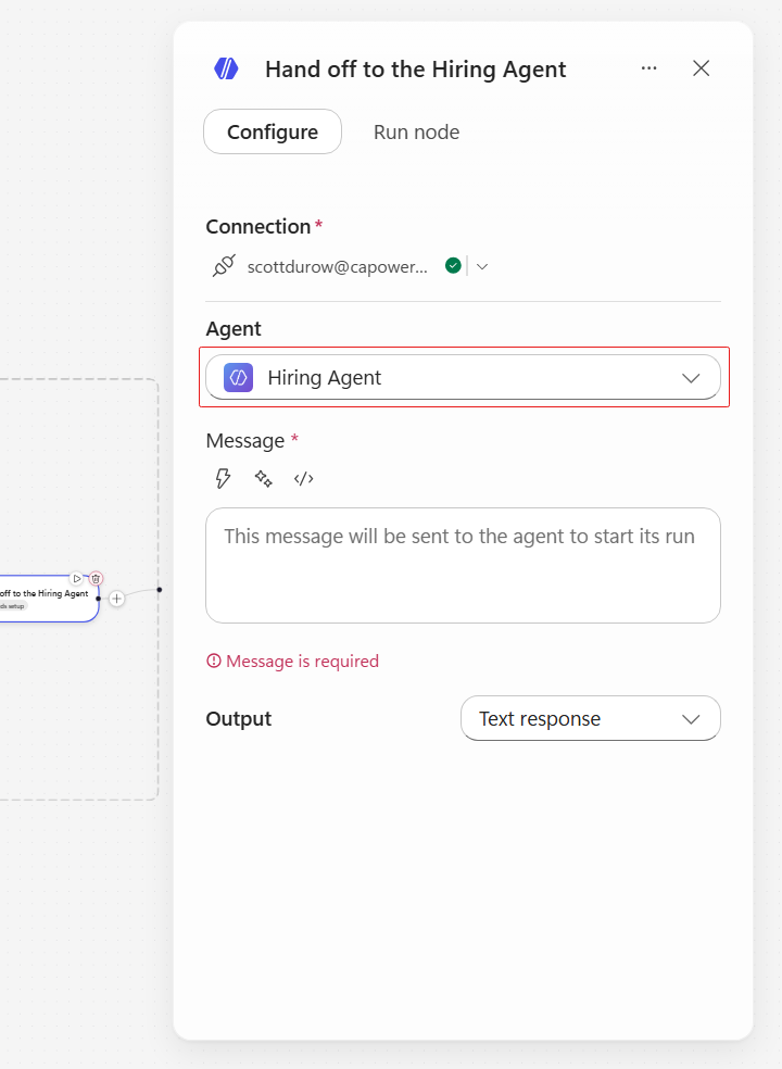 Hiring Agent selected for the handoff node