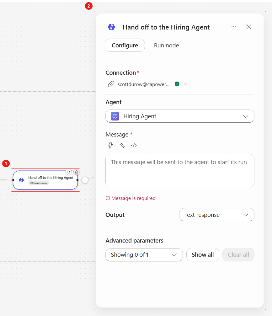 Hiring Agent selected for the handoff node