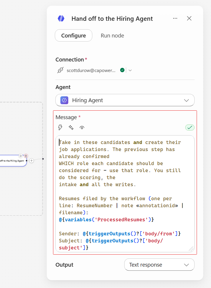 The Message field on the Hiring Agent handoff node