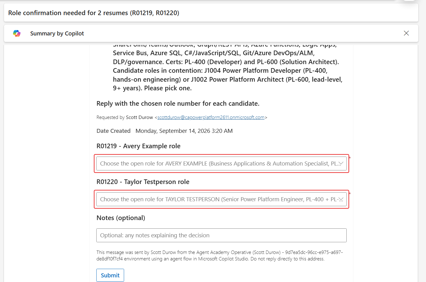 Outlook card asking for Avery's open role