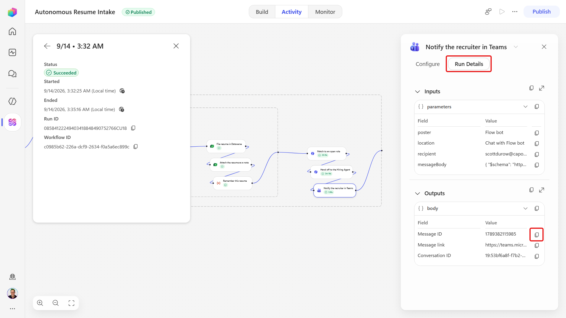 Successful workflow run with Teams message details