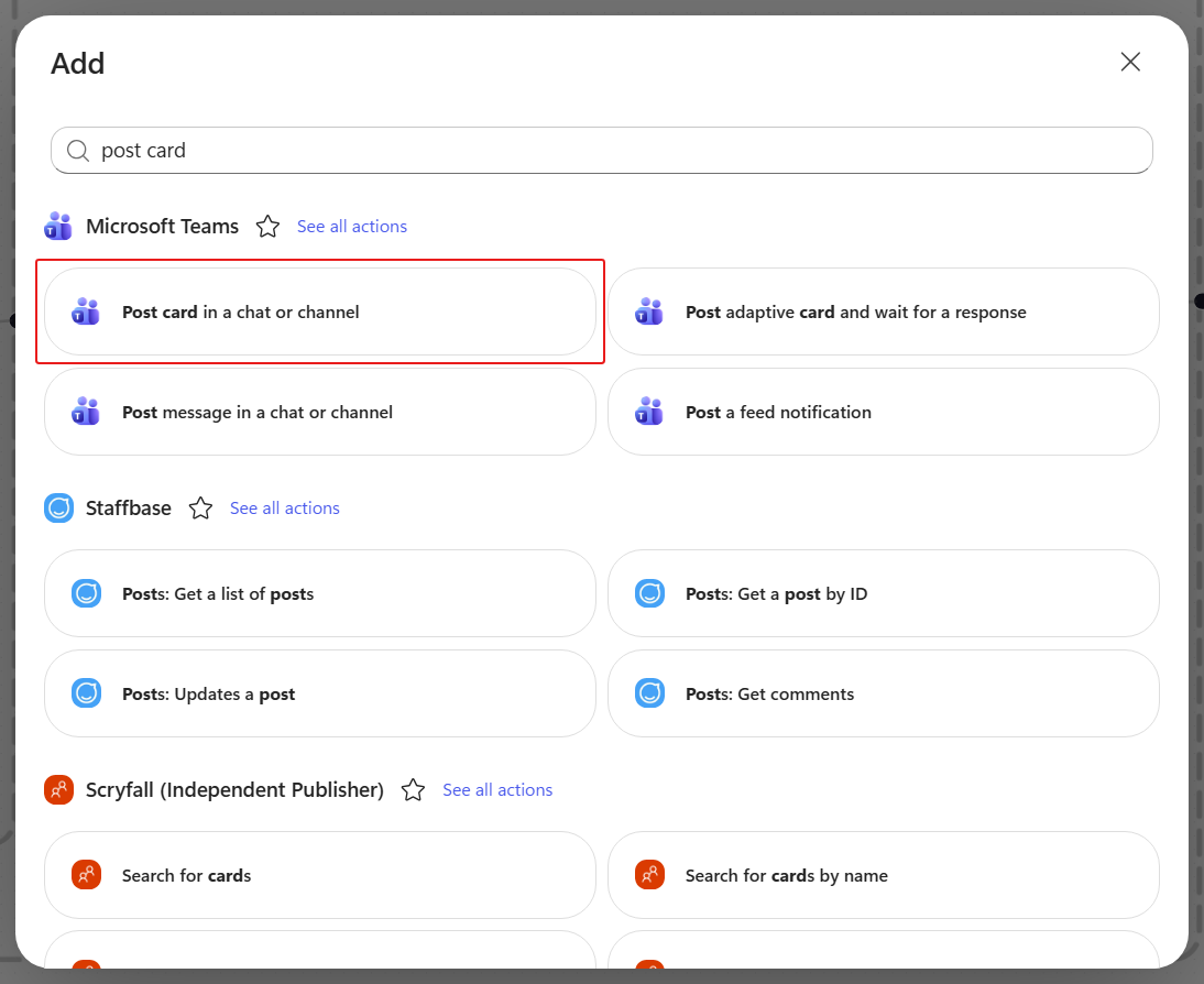 Post card action under the Microsoft Teams group