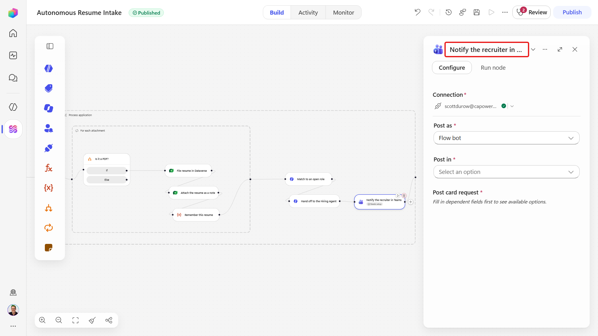Teams node renamed to Notify the recruiter in Teams