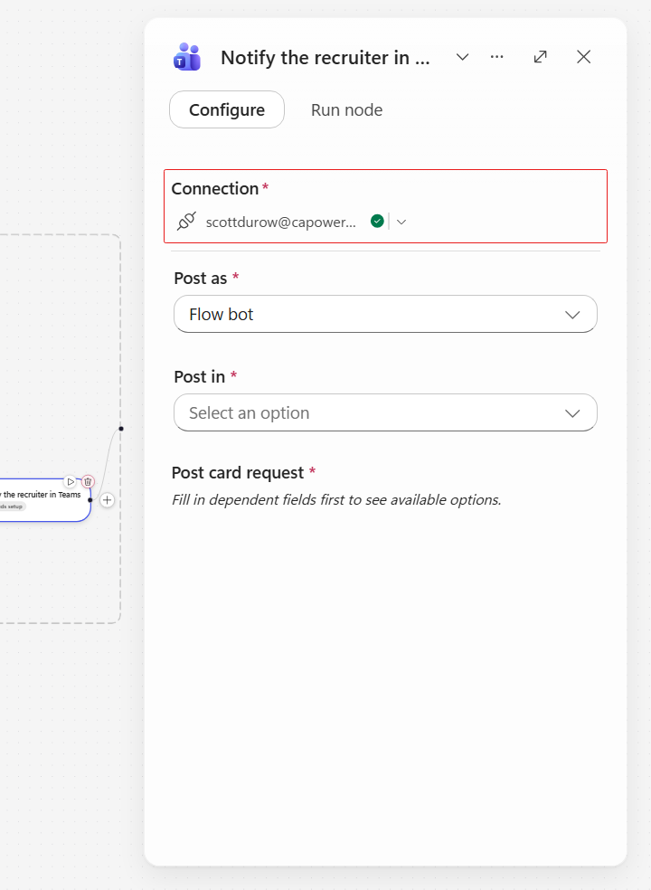 Teams action connected under your own account