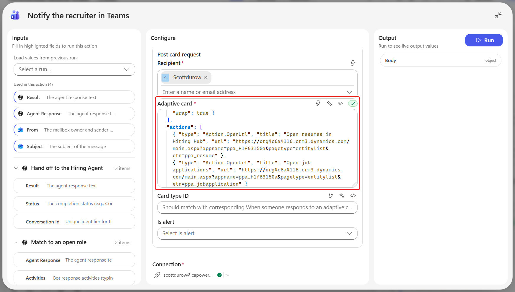 Configured Teams card action inputs