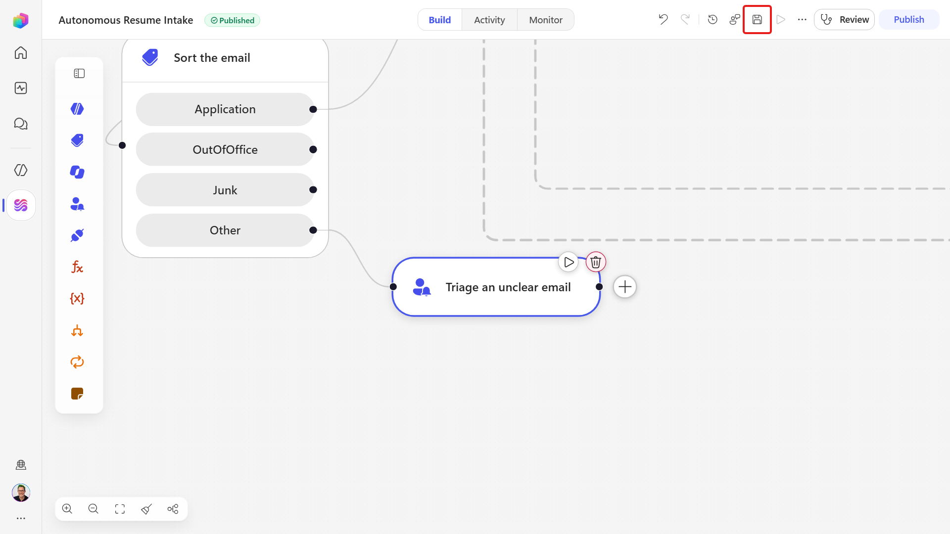 The Save button for the configured review node