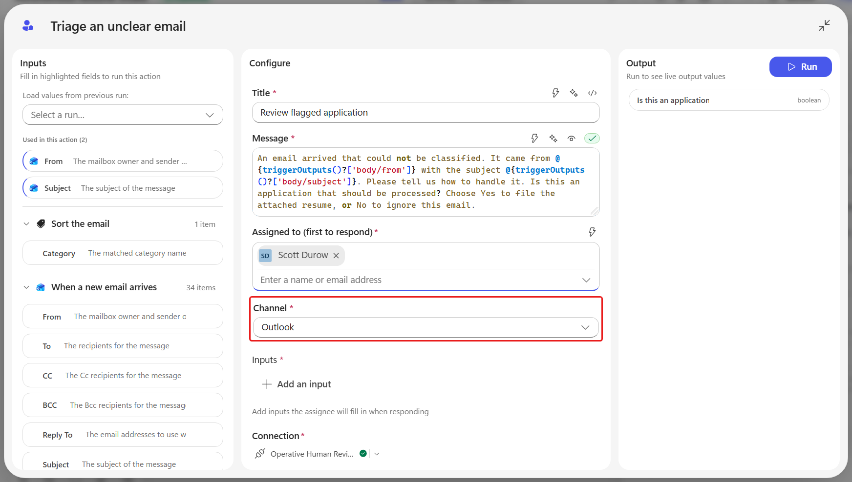 The reviewer node keeping its Outlook channel