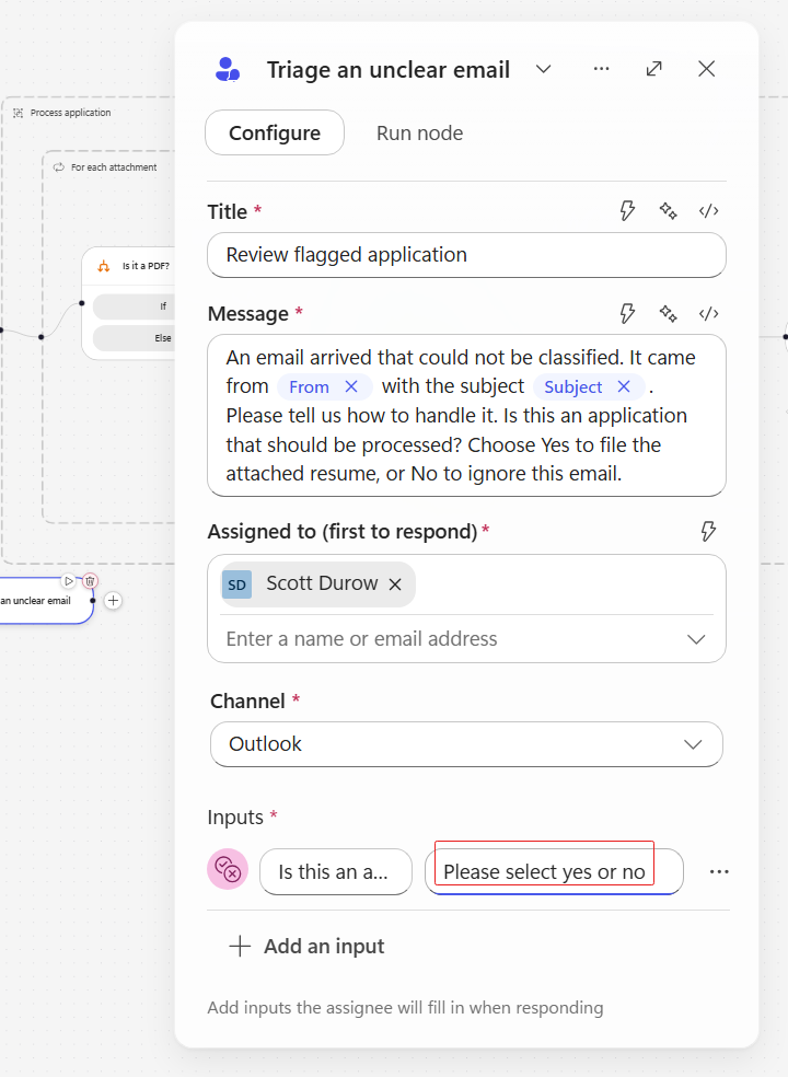 The Yes or No input type selected