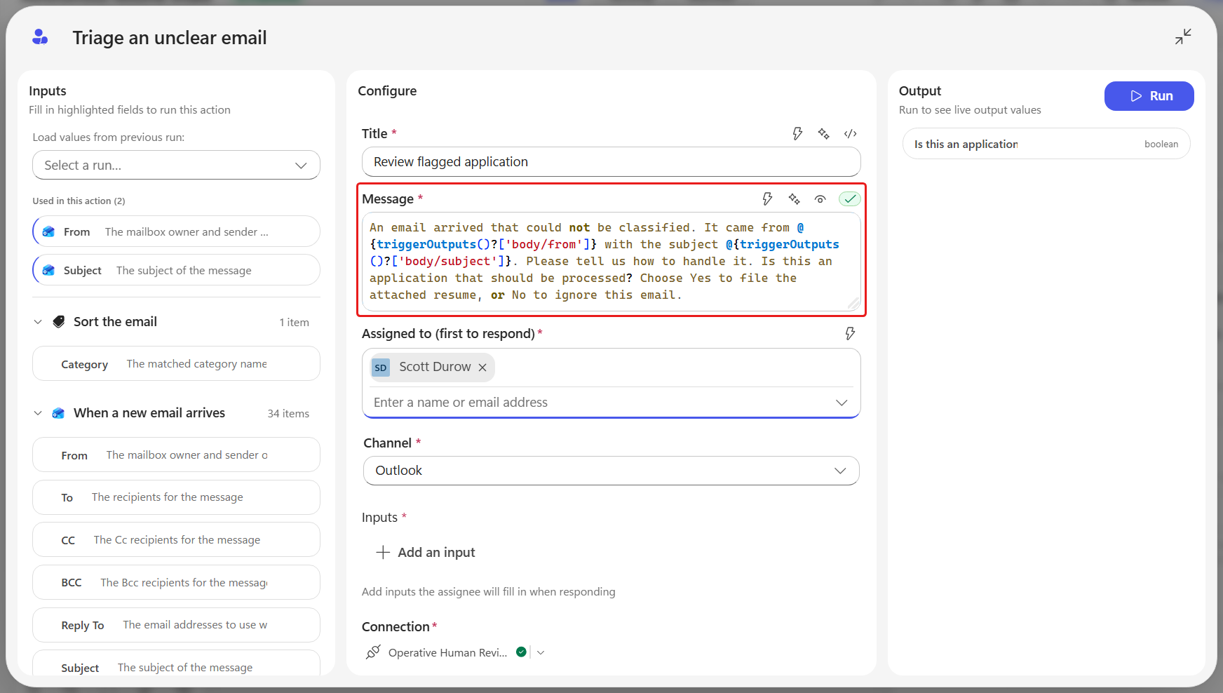The review message with sender and subject tokens