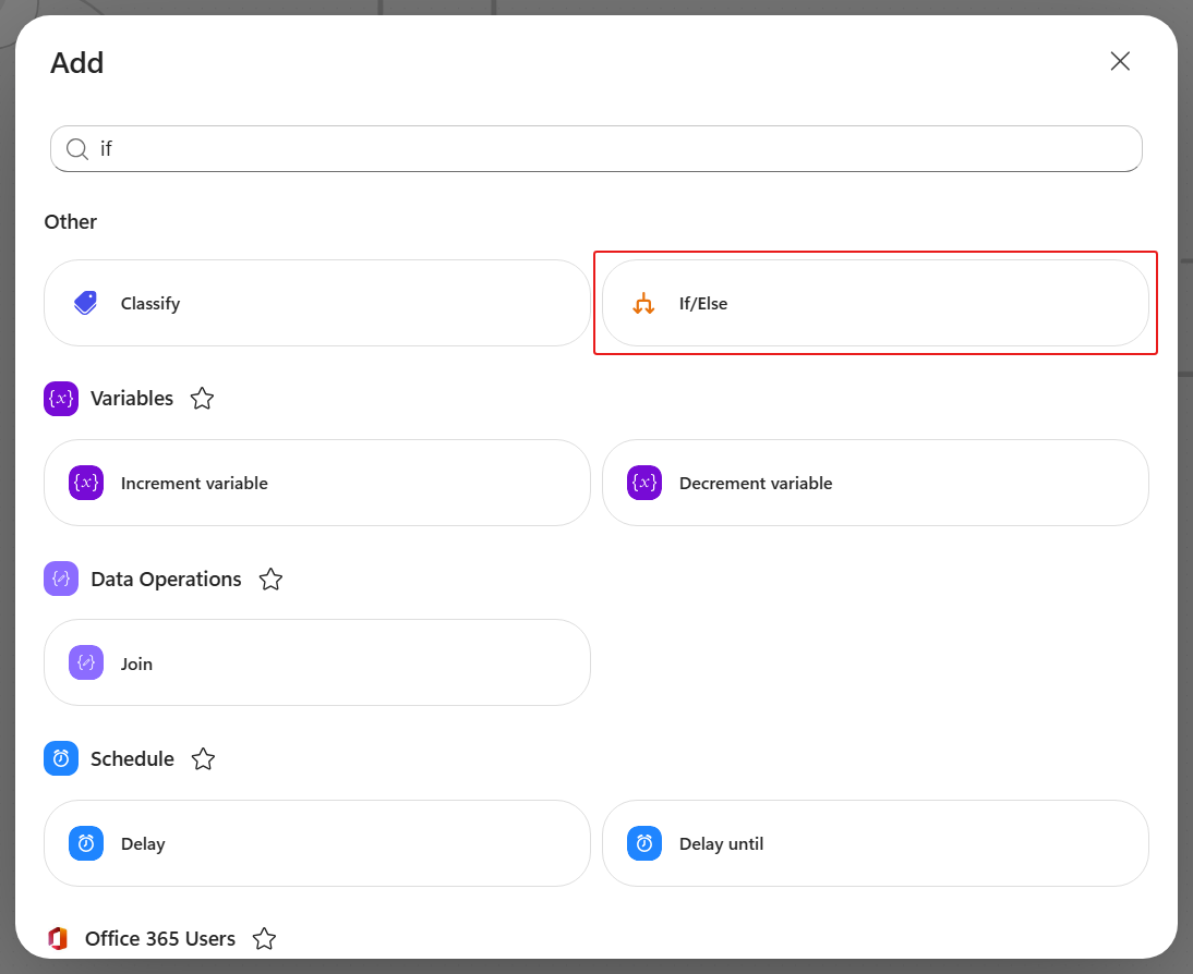 The Add dialog searched for if with If/Else under Other