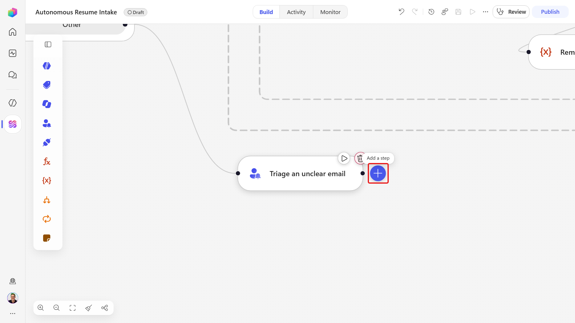The reviewer node with its add step control