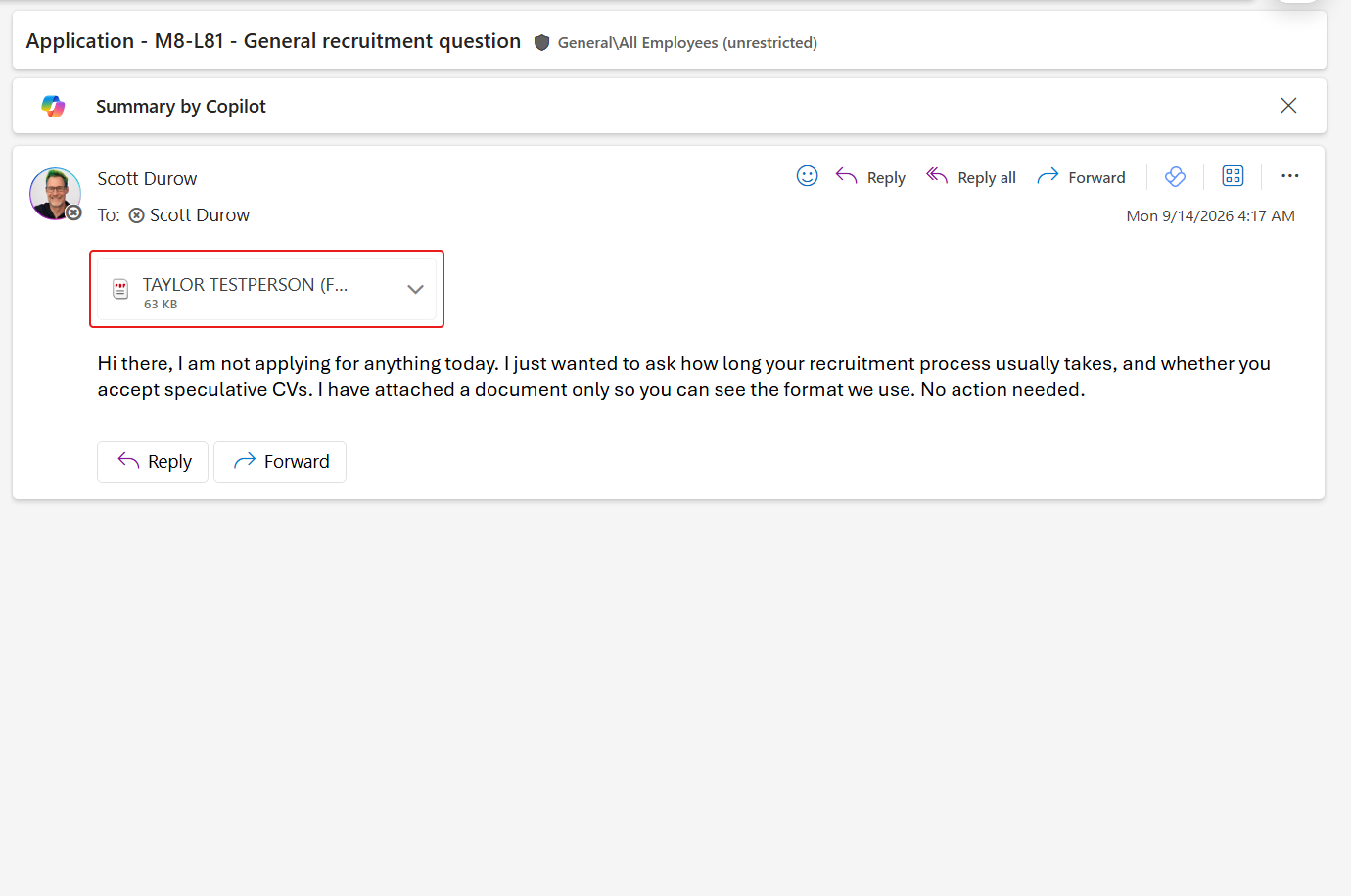 The non-application email sent with an attachment