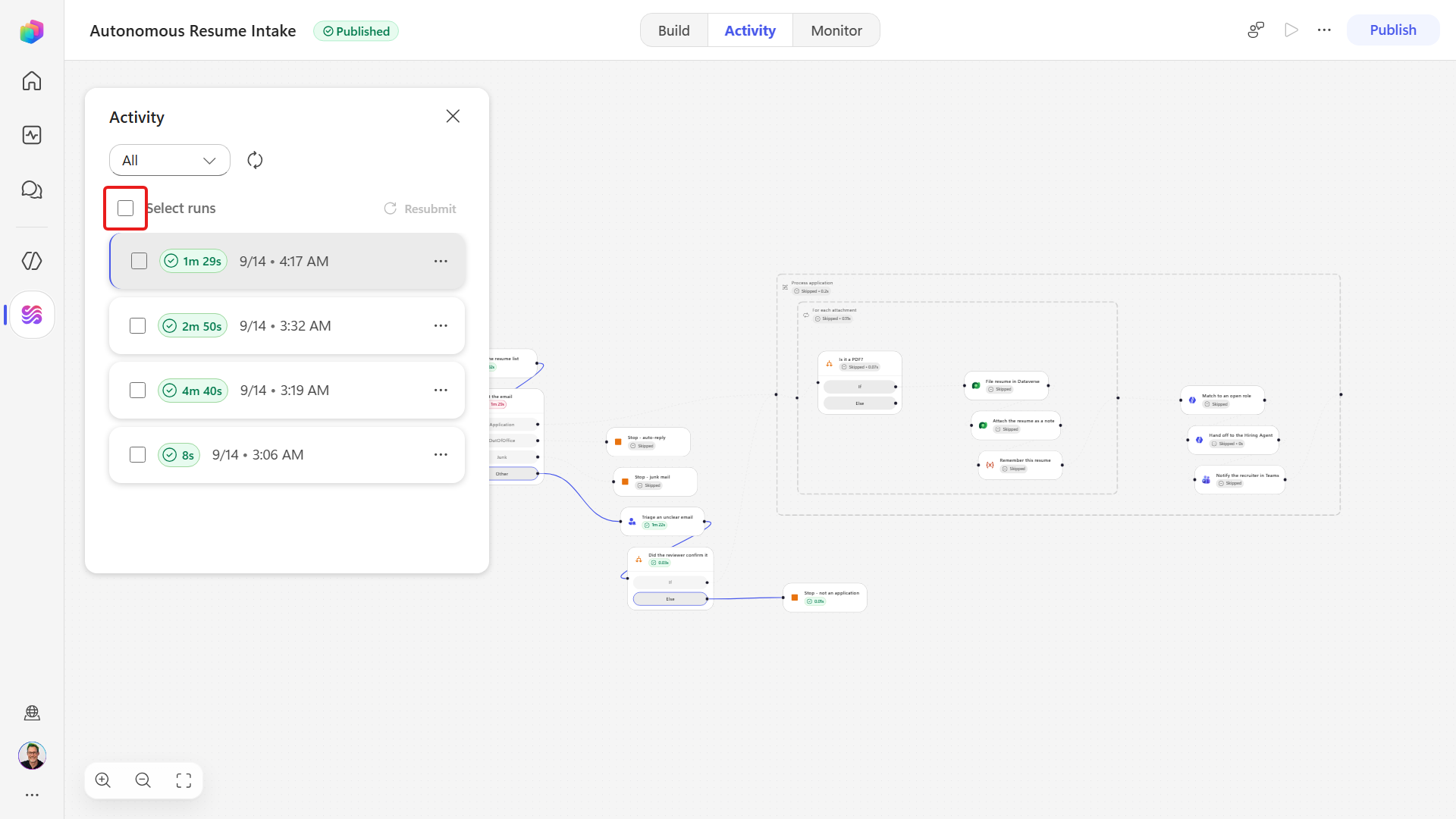 Activity list with run selection controls