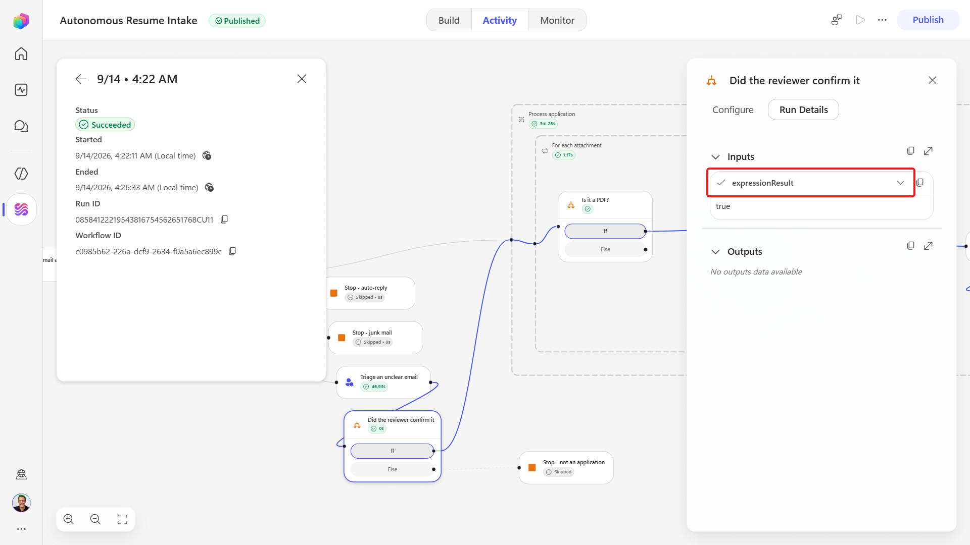 The reviewer condition inputs showing expressionResult true