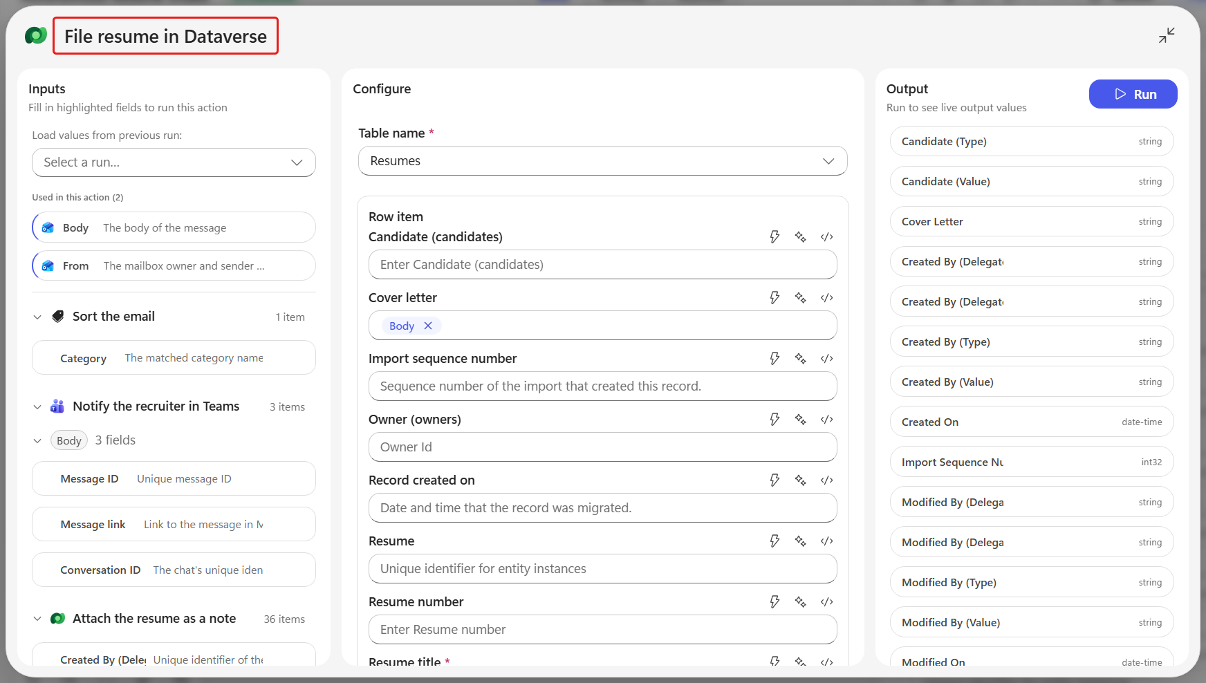 The File resume in Dataverse node open on the canvas
