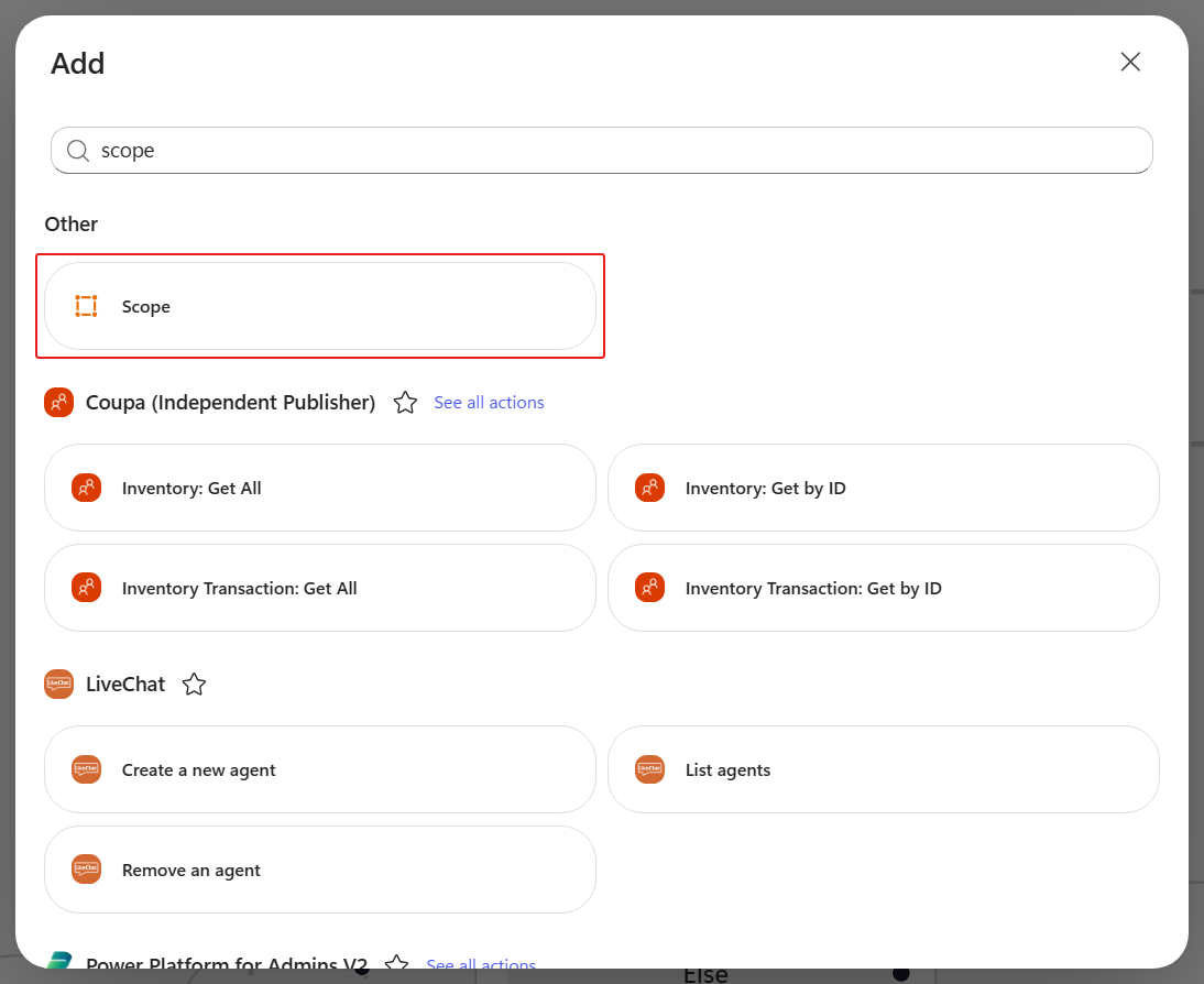The Add dialog searched for scope with Scope under Other