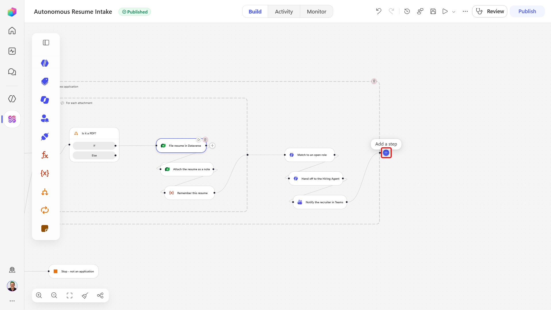 The add control on the Process application failure edge