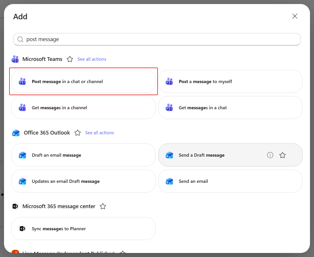 Add dialog filtered to post message