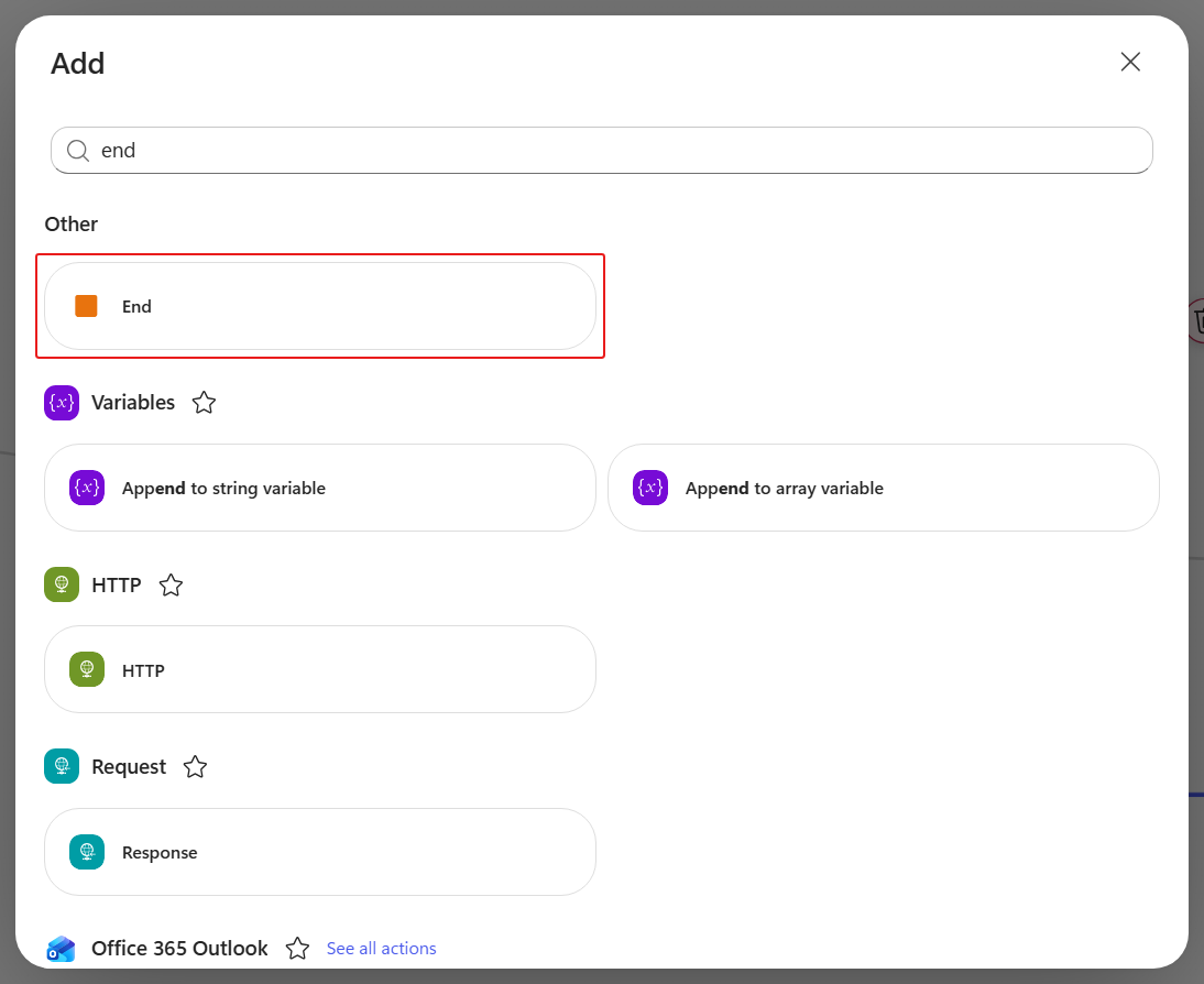 The Add dialog searched for end with End under Other