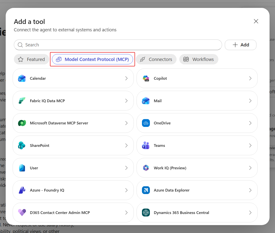The tool catalog filtered to MCP servers