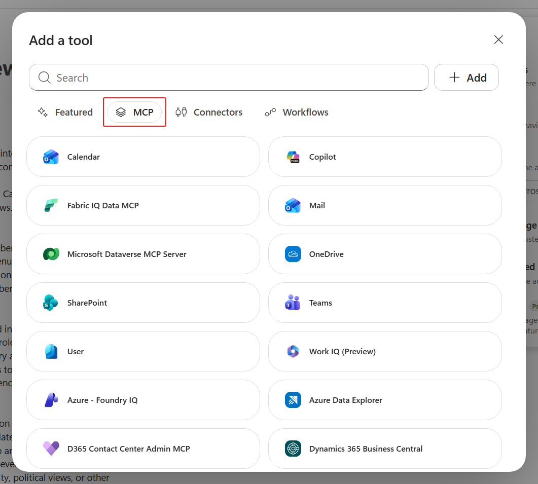 The tool catalog filtered to MCP servers