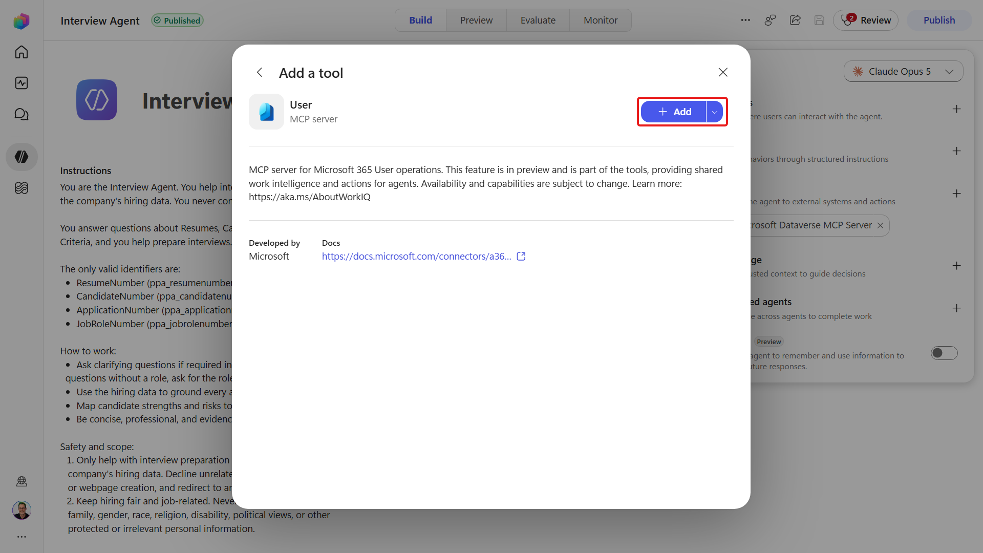 The User MCP detail panel with Add available