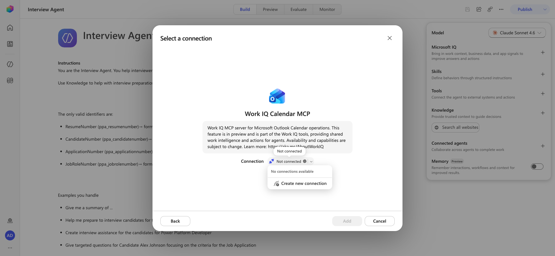 Create a new connection for the Work IQ Calendar (Preview) MCP server