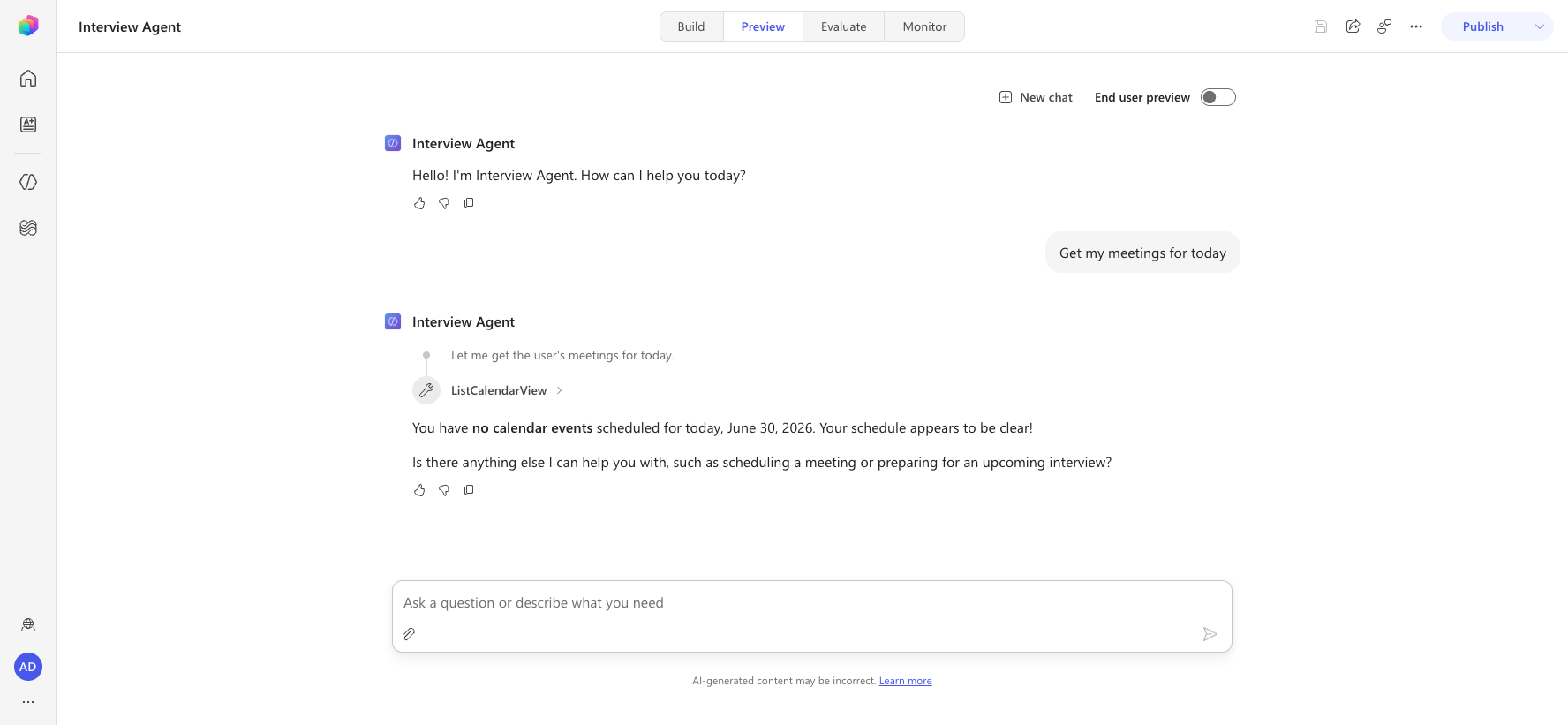 Get my meetings for today response, calling the ListCalendarView MCP tool