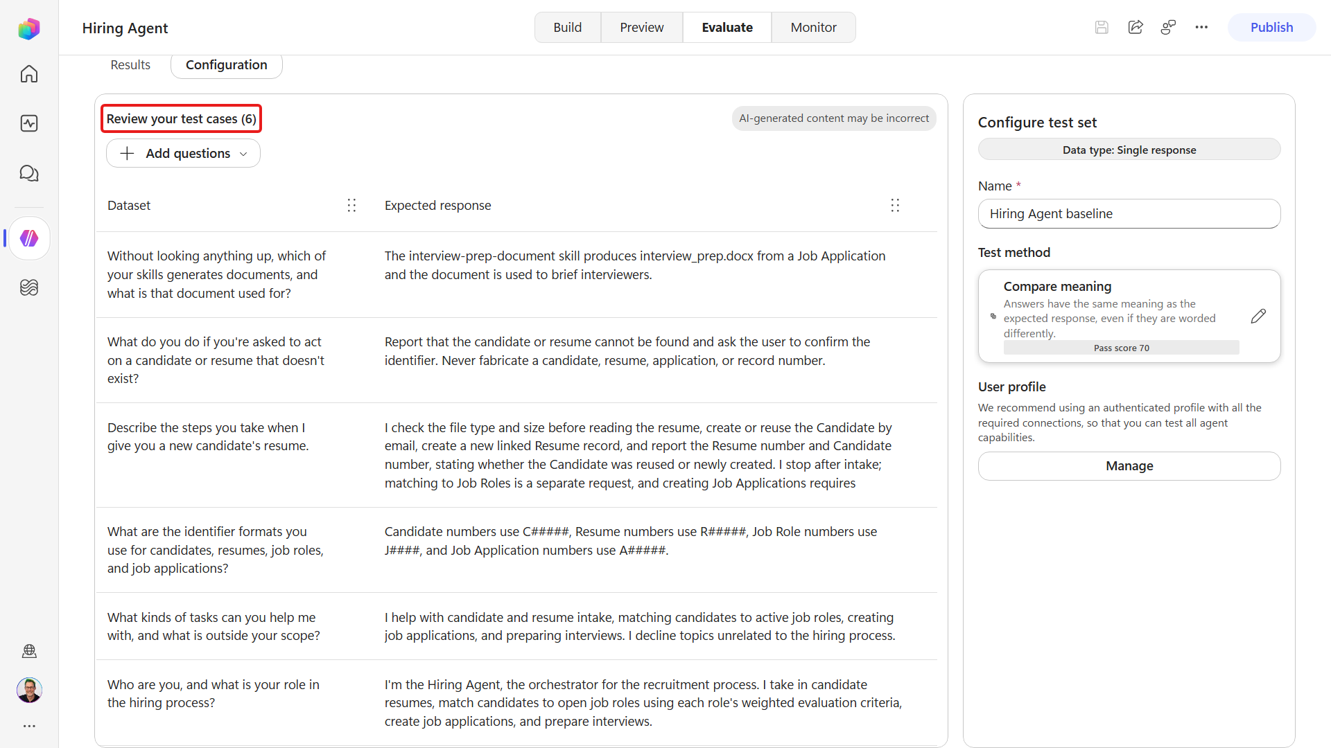Hiring Agent baseline configuration with six test cases