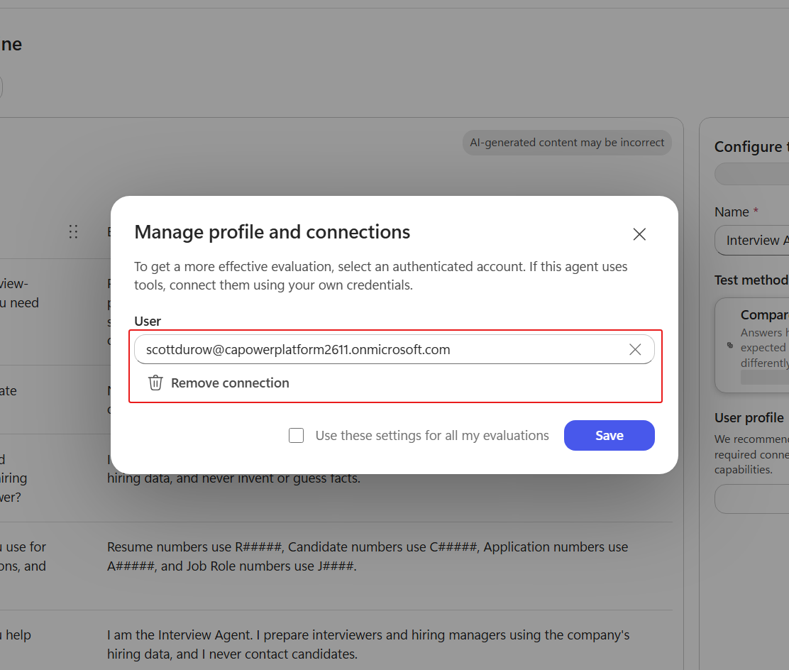 The Manage dialog with the evaluation account selected
