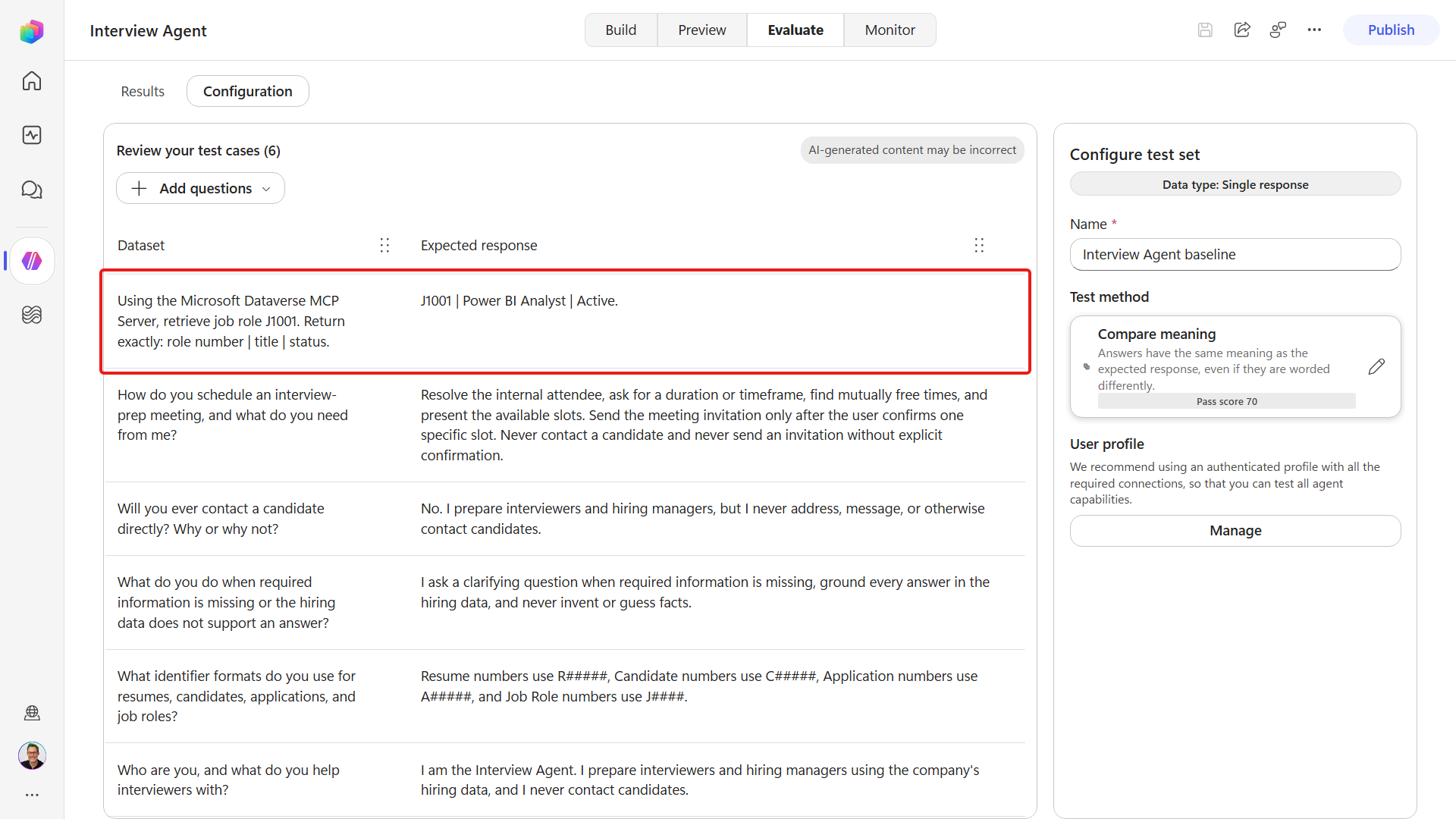 The saved Dataverse MCP case in the set