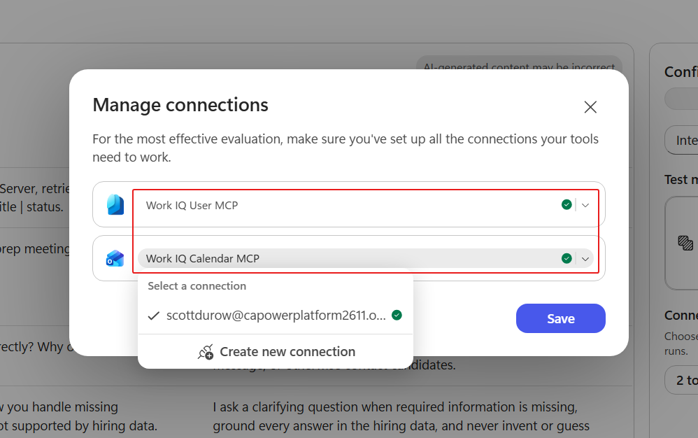 The two user-bound Work IQ connections selected for the MCP evaluation