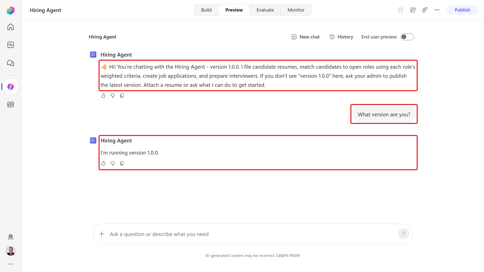 Preview greeting showing version 1.0.0